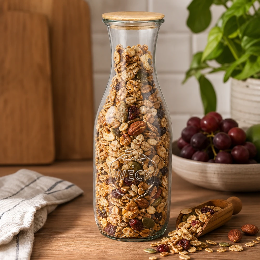 WECK Saftflasche 1062ml mit Holzdeckel gefüllt mit Müsli und Nüssen auf Holztisch neben Trauben und Schaufel