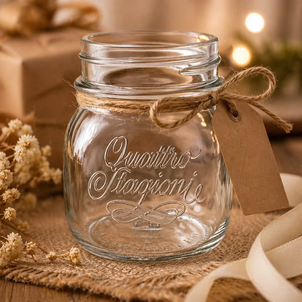 150ml Quattro Stagioni Haushaltsglas mit Deckel und Juteband, dekoratives Einmachglas auf rustikalem Holztisch