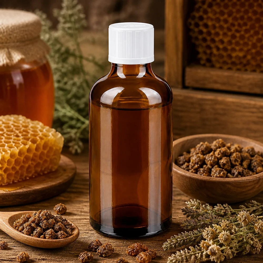 50ml Braunglas Apothekerfl. mit weißem Sicherheitsverschluss neben Waben Honig und Heilkräutern