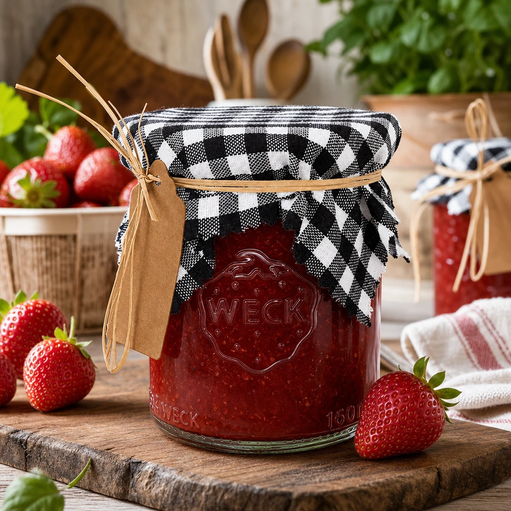 Kariertes Stoffdeckchen schwarz-weiß auf Marmeladenglas mit Erdbeeren, rustikale Küchendeko im Vintage-Stil
