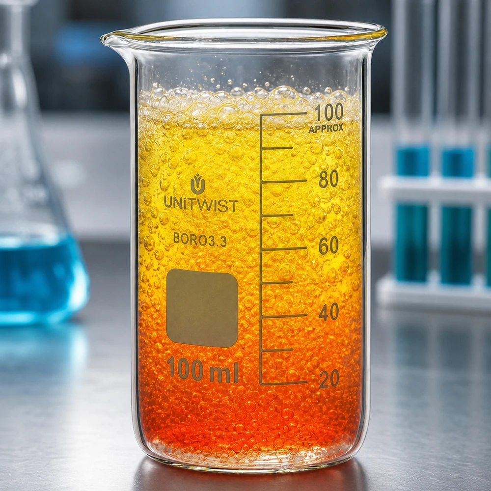 Kádinka 100ml borosilikátová, vysoký tvar UNiTWIST Becherglas hohe Form 100ml UNITWIST Boro3.3 mit brodelndem Inhalt und Skala bis 100ml