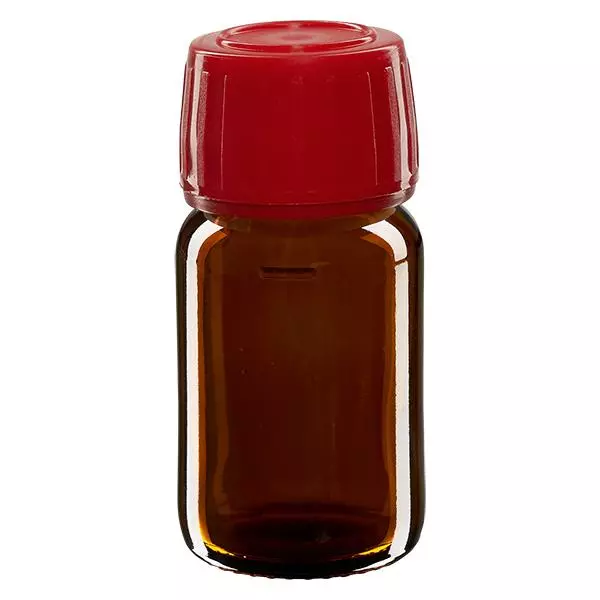 30ml lahvička na léky hnědá, červený uzávěr s tamper-evidentním kroužkem ApoGlas