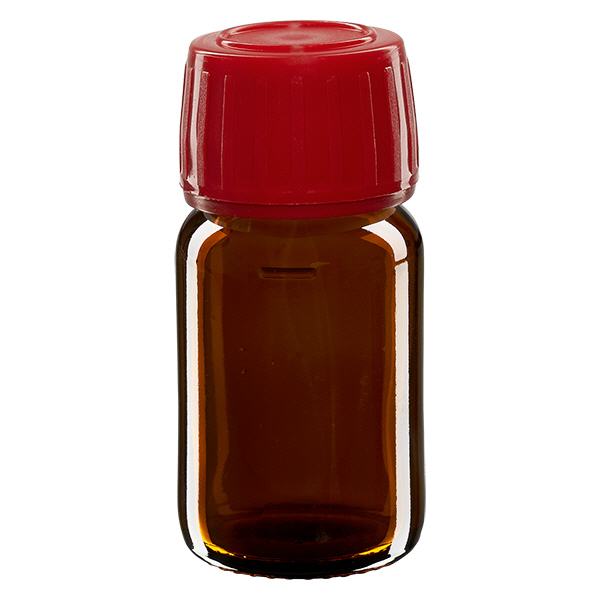 30ml lahvička na léky hnědá, červený uzávěr s tamper-evidentním kroužkem ApoGlas 30ml lahvička na léky hnědá, červený uzávěr s tamper-evidentním kroužkem ApoGlas