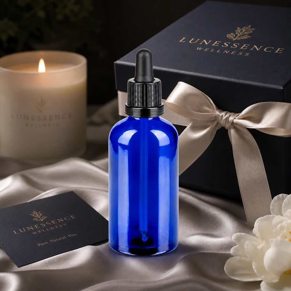 Edle kobaltblaue Glasflasche 100ml mit schwarzem Pipettenverschluss für hochwertige Beauty-Produkte