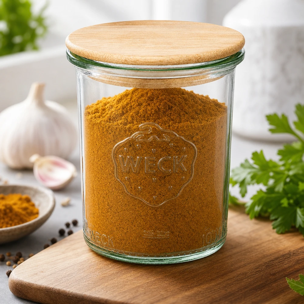 WECK Sturzglas 160ml RR60 mit Bambusdeckel gefüllt mit Kurkuma Gewürzen Küchenboard Knoblauch Kräuter