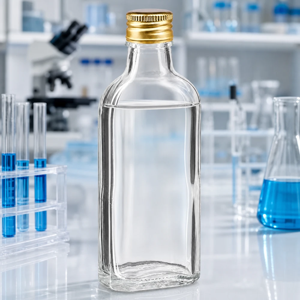 100 ml Meplat čirý s hliníkovým uzávěrem zlatý PP22 Hochwertige 100ml Flasche aus Klarglas mit goldenem Aluminiumverschluss PP22 Laborqualität
