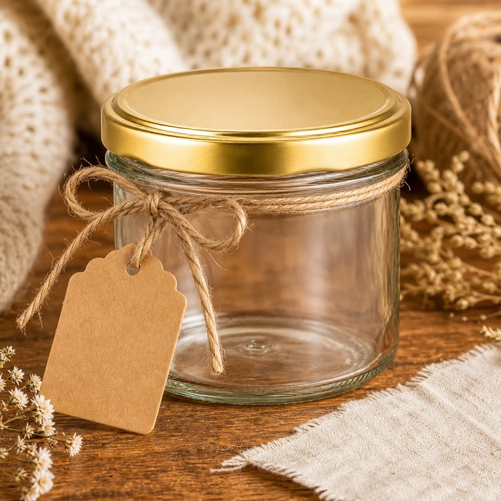 225ml Sturzglas UNiTWIST leer mit goldenem Deckel und Anhänger als Geschenkverpackung auf rustikalem Holz