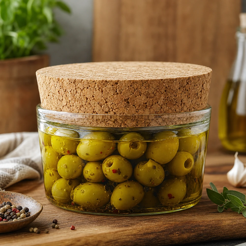 Korek pro 40mm otvor WECK RR40 (ø38/43, H=20mm). Eingelegte Oliven in Glasdose mit WECK Korken RR40 Naturkork Verschluss mediterrane Küche luftdichte Aufbewahrung 40mm