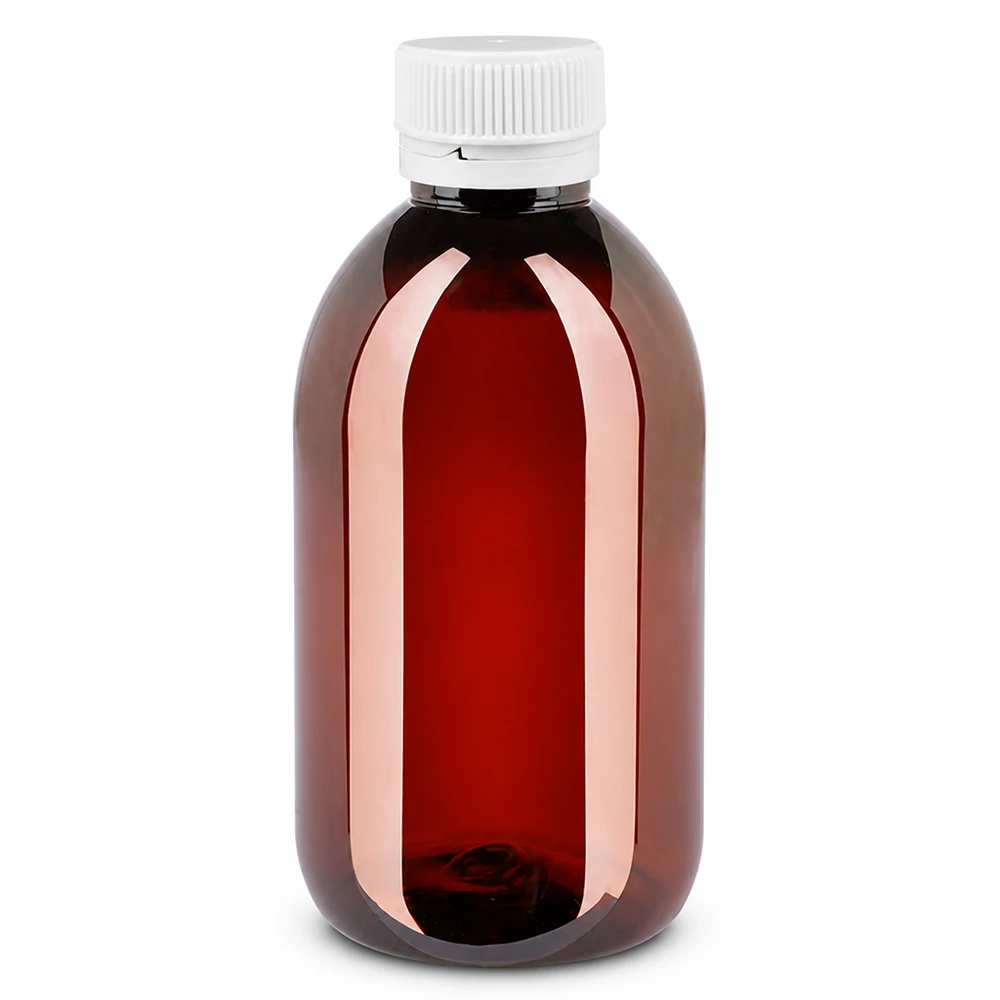 Hnědá PET láhev o objemu 250 ml s bílým rýhovaným uzávěrem zaručujícím neporušenost