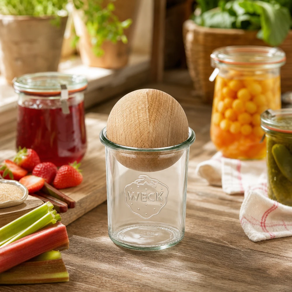 160ml kelímky WECK RR60 s dřevěnou kuličkou buk WECK Sturzglas 160ml mit Buchenkugel in rustikaler Küche neben Marmeladengläsern und frischen Zutaten dekoriert