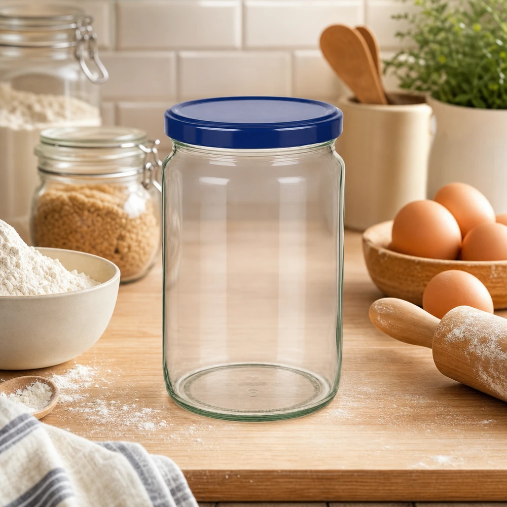 795ml kulatá sklenice + víčko BasicSeal modré UNiTWIST 795ml Rundglas mit blauem BasicSeal Deckel auf Küchenarbeitsplatte mit Backzutaten Eiern und Mehl für Vorratshaltung