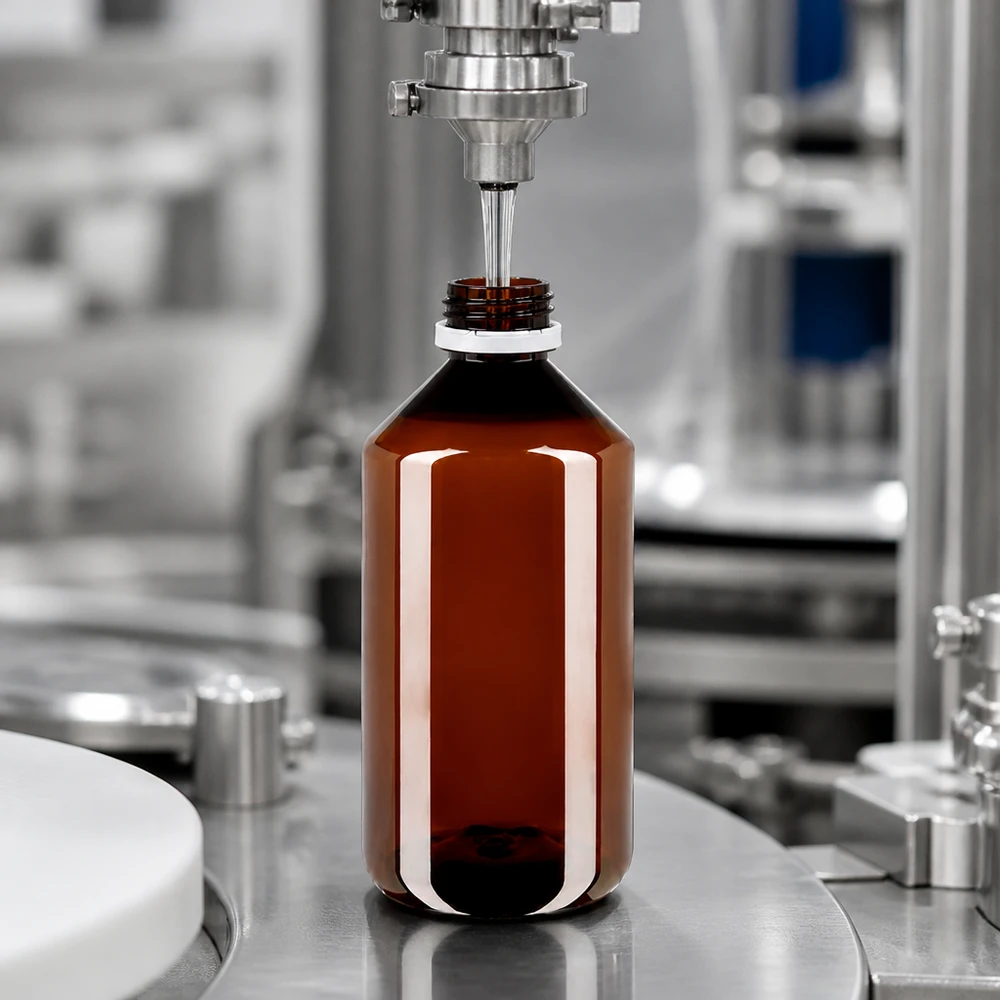 PET láhev 750ml s bílým rýhovaným uzávěrem s možností opakovaného uzavření Plnicí linka plní hnědé kulaté PET láhve o objemu 750 ml s bílým rýhovaným originálním uzávěrem