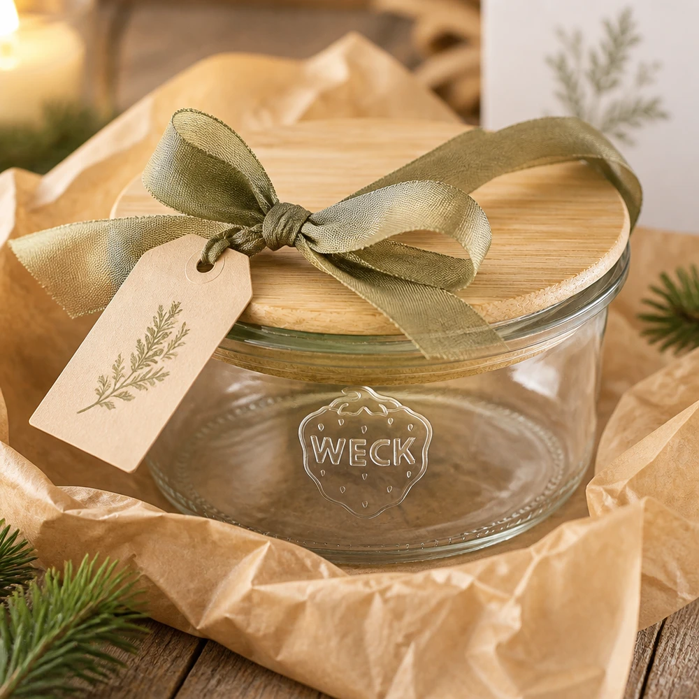 165ml tumblery WECK RR80 s dřevěným víkem buk WECK Sturzglas 165ml RR80 als Geschenkset mit grüner Schleife und Anhänger auf Holztisch weihnachtlich dekoriert