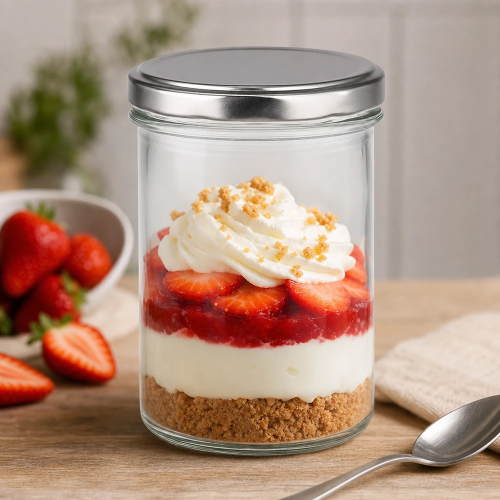 350ml kelímky s víčkem BasicSeal stříbrné UNiTWIST 350ml Sturzglas mit BasicSeal Deckel silber als Dessertglas mit Erdbeeren Sahne und Keksboden perfekt für Nachspeisen