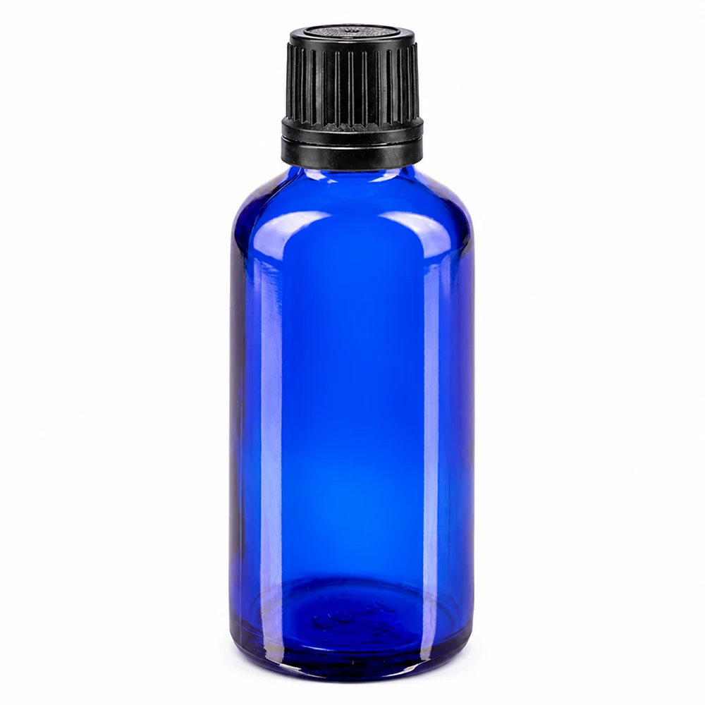 Lékárenská láhev modrá 50ml kapátko uzávěr nalévací kroužek 1mm černý tamper evidentní uzávěr. Hochwertige blaue Lichtschutzflasche 50ml mit OV-Schraubverschluss und Tropfeinsatz schwarz