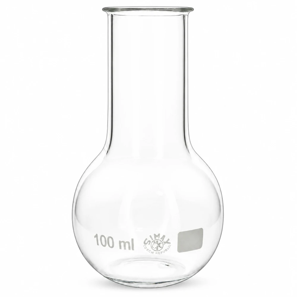 Bauchiger Glaskolben 100ml mit stabilem Stand für sichere Aufbewahrung von Chemikalien