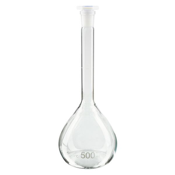 Odměrná baňka 500 ml se standardním broušeným spojem a PEHD zátkou. Odměrná baňka 500 ml se standardním broušeným spojem a PEHD zátkou.