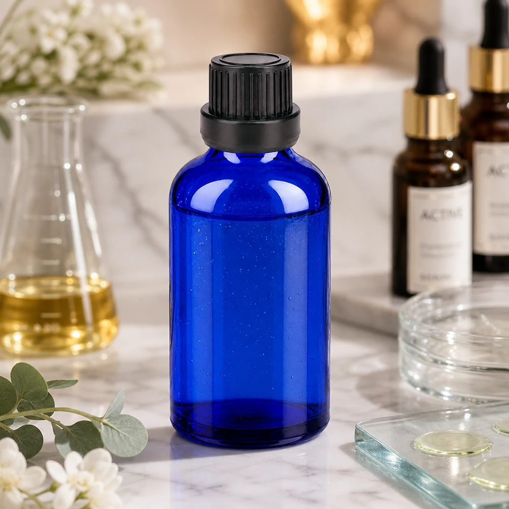 50ml láhev 11mm šroubovací uzávěr černý BlueLine UT18/50. Nachfüllbare 50ml Glasflasche mit schwarzem Kindersicherheitsverschluss für den Hausgebrauch