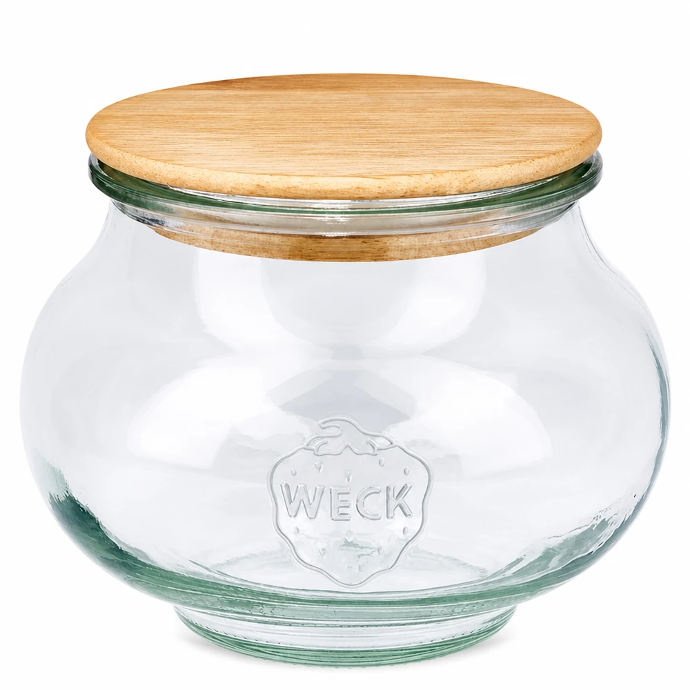 560ml dóza na šperky WECK RR80 s dřevěným víčkem WECK Schmuckglas 560ml RR80 mit rundem Holzdeckel aus Eiche transparentes Vorratsglas mit Weck Logo