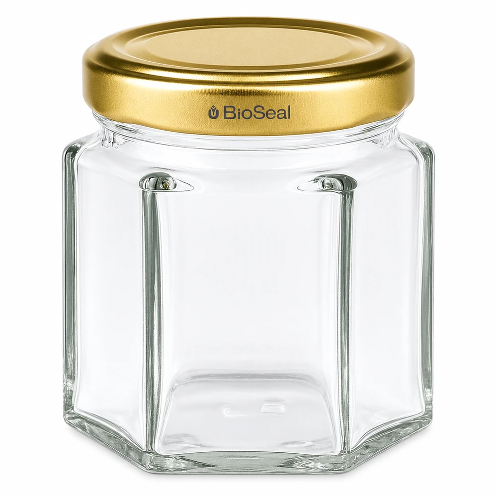 60g Honigglas sechseckig mit goldenem Schraubdeckel BioSeal UNiTWIST für Honig und Marmelade