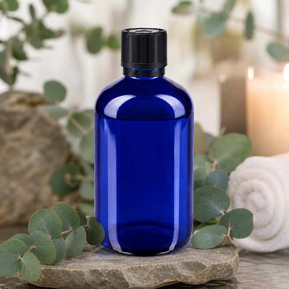 Lékárenská láhev modrá 100ml kapací uzávěr prémiový 1mm černý uzávěr odolný proti manipulaci dětmi. Professionelle kobaltblaue 100ml Glasflasche mit 1mm Tropföffnung für Naturprodukte
