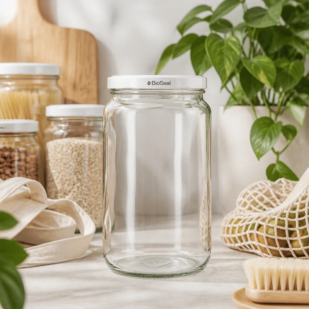 Kulatá sklenice o objemu 795 ml s bílým víčkem BioSeal UNiTWIST. UNiTWIST Runda795 Vorratsglas mit weißem TO82 BioSeal Deckel in nachhaltiger Zero-Waste Küche mit Naturmaterialien