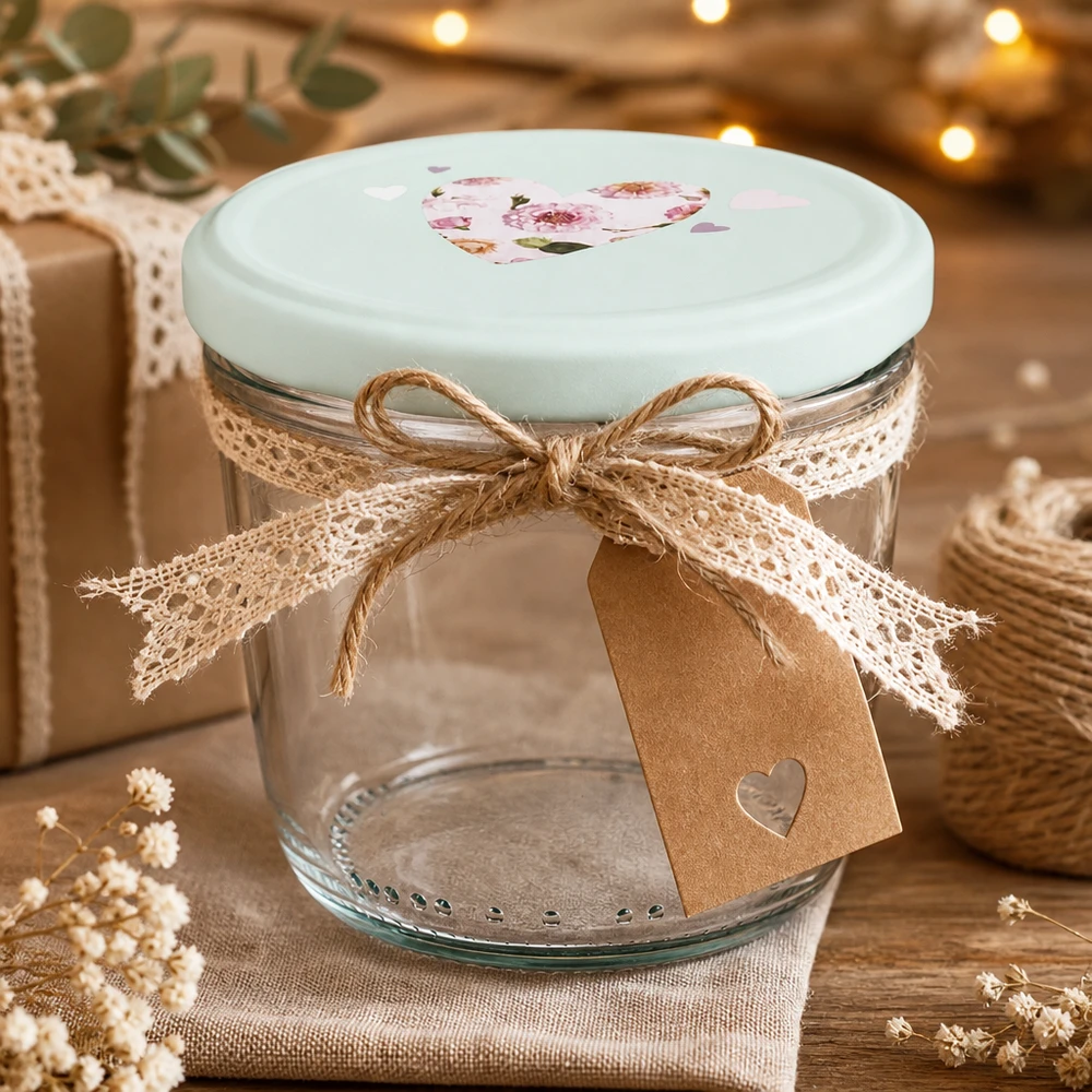 230ml kelímky + víčko BasicSeal srdíčková máta UNiTWIST 230ml Sturzglas mit BasicSeal Deckel Herz mint als Geschenkidee, dekoriert mit Juteschleife und Geschenkanhänger