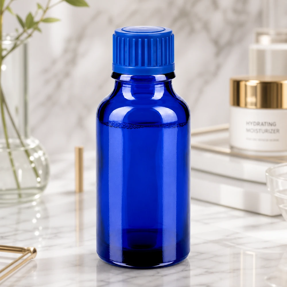 20ml láhev s 11mm šroubovacím uzávěrem modrá Standard BlueLine UT18/20 Praktische kleine Glasflasche 20ml in Kobaltblau für diskrete portable Nutzung