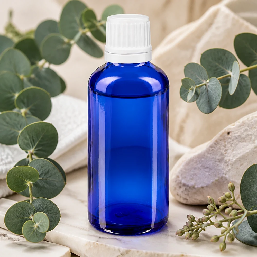 Lékárenská láhev modrá 50ml šroubovací uzávěr bílý s ochranným uzávěrem. Zylindrische blaue Apothekerflasche 50ml weißer Verschluss neben Natursteinen und Kräutern