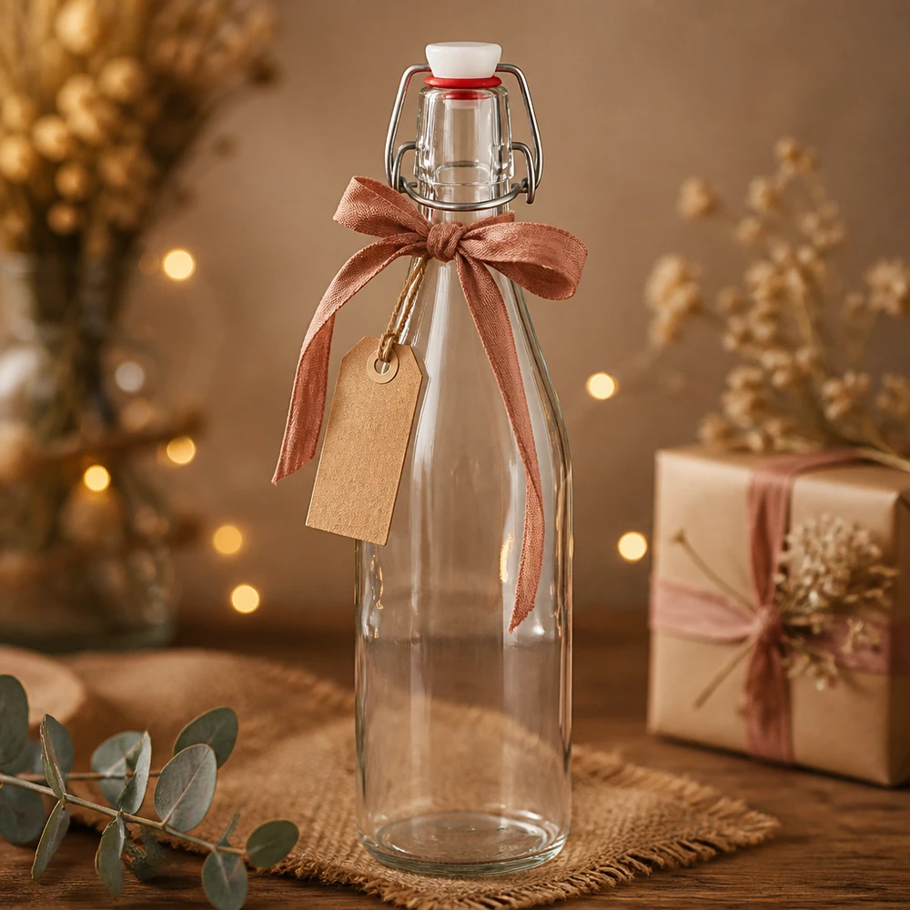 500ml skleněná láhev + otočný vršek PVC UNiTWIST 500ml Glasflasche Bügelverschluss weihnachtliche Dekoration Geschenkverpackung Schleife Tag goldene Lichter