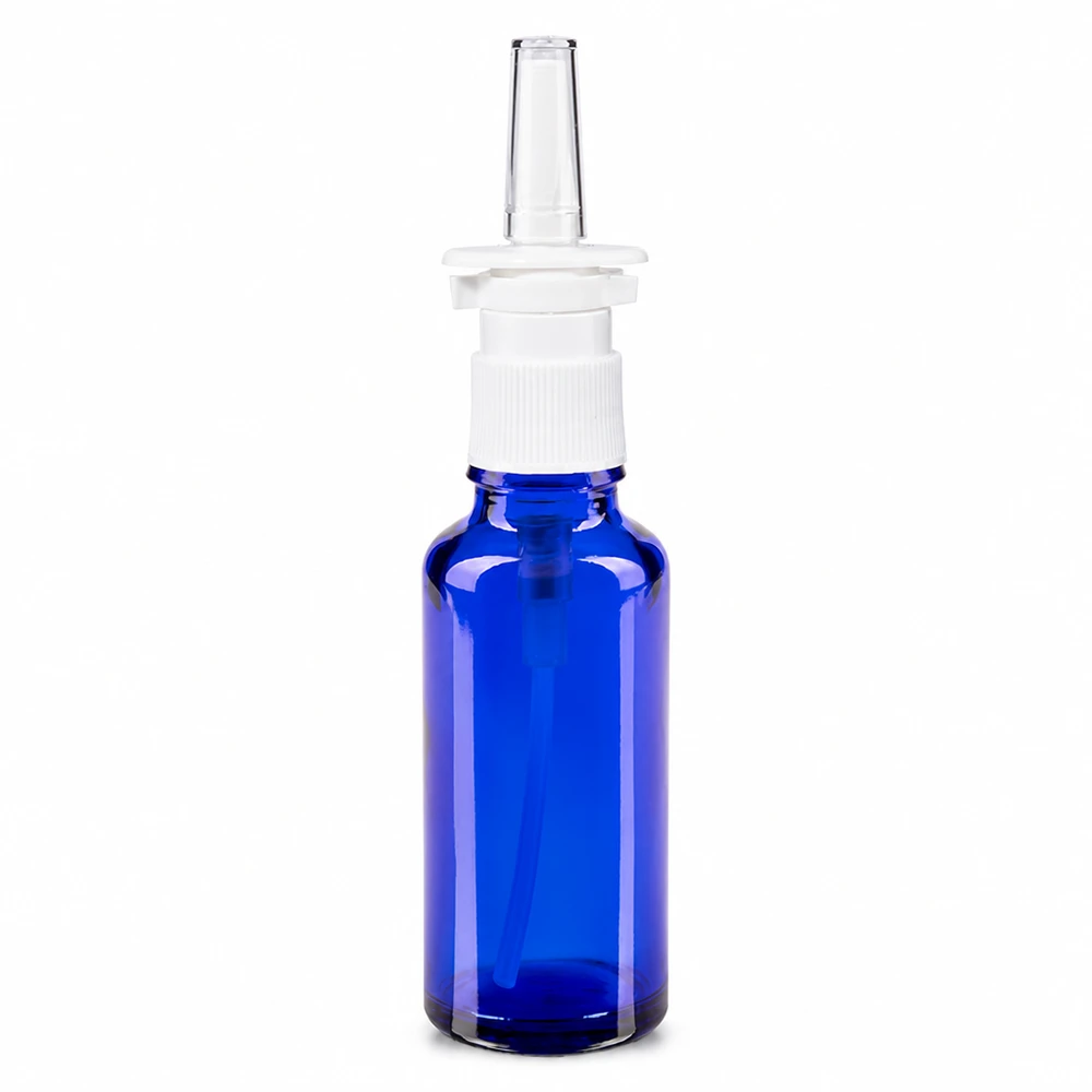 Lékárenská lahvička modrá 30ml nosní rozprašovač bílá standardní Hochwertige 30ml Nasensprayflasche Blauglas mit weißer Pumpe und klarer Nasenapplikator-Spitze