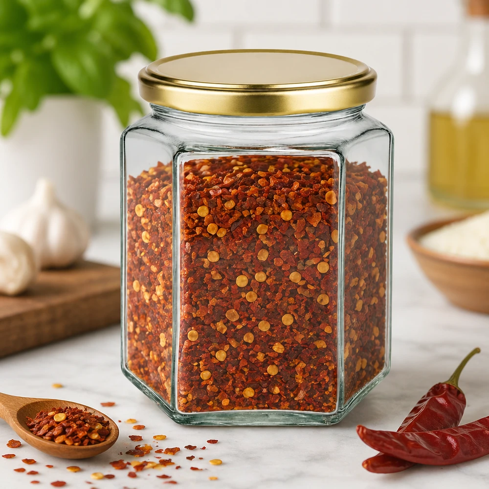 Sechseckiges 500g Honigglas BasicSeal mit goldener Verschlusskappe befüllt mit Chilliflocken Gewürzen Küche