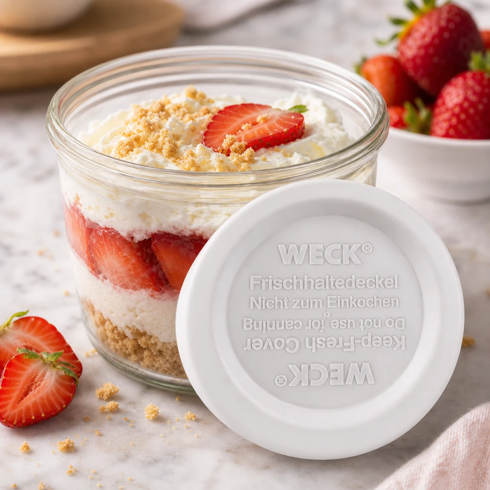 Víko WECK Fresh-keeping RR40 WECK Frischhaltedeckel RR40 mit Erdbeer-Dessert im Glas - perfekt für süße Nachspeisen und Schichtdesserts