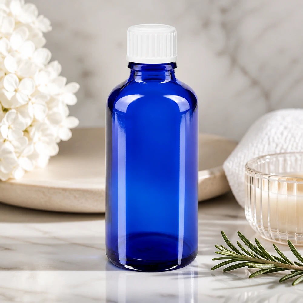 Lékárenská láhev modrá 50ml šroubovací uzávěr bílý Globuli Standard 50ml kobaltblaue Medizinflasche Apothekerglas Standard mit weißem Kindersicherheitsverschluss