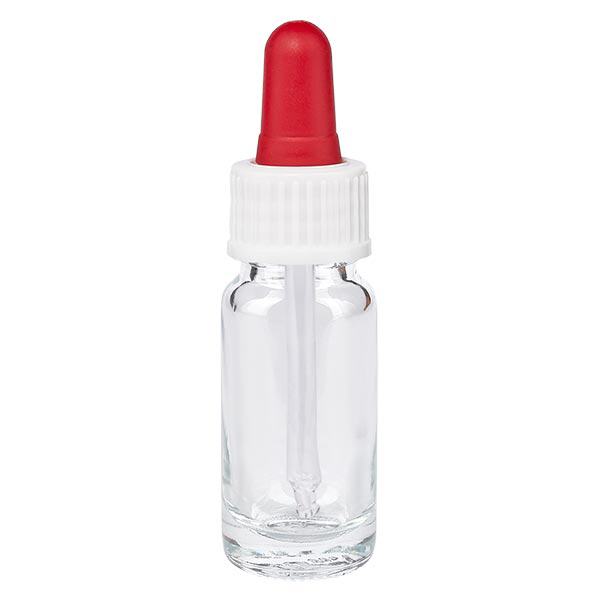 Lékárenská láhev čirá 10ml pipeta bílá/červená standardní Lékárenská láhev čirá 10ml pipeta bílá/červená standardní