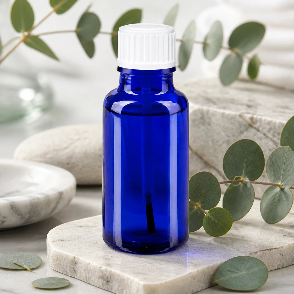 Lékárenská láhev modrá 20ml šroubovací uzávěr bílá štětka Kompakte blaue Pinselflasche 20ml ApoGlas ideal für Aromatherapie und Kosmetik