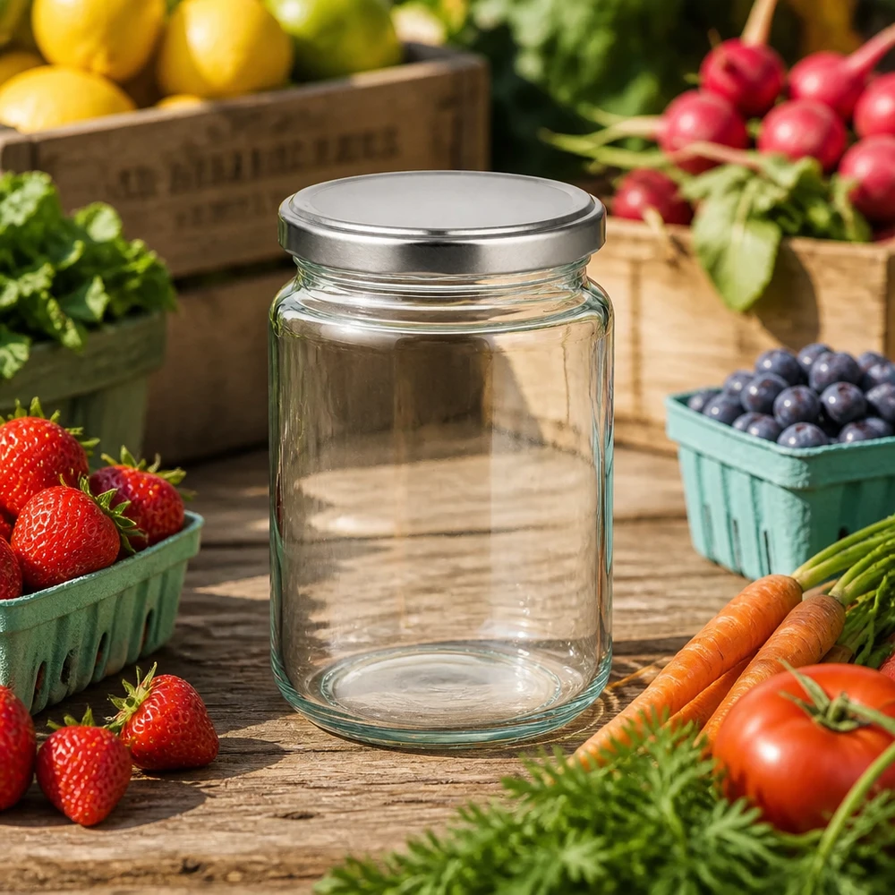 382ml kulatá skleněná nádoba s víčkem BasicSeal stříbrná UNiTWIST. 382ml Rundglas mit silbernem BasicSeal Deckel inmitten frischer Gartenprodukte Erdbeeren Karotten Tomaten Bauernmarkt