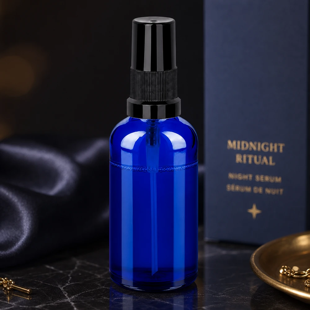 50ml lahvička s rozprašovačem černá standardní uzávěr BlueLine UT18/50 Elegante blaue 50ml Sprayflasche aus Glas mit schwarzem Sprühkopf für natürliche Pflegeprodukte