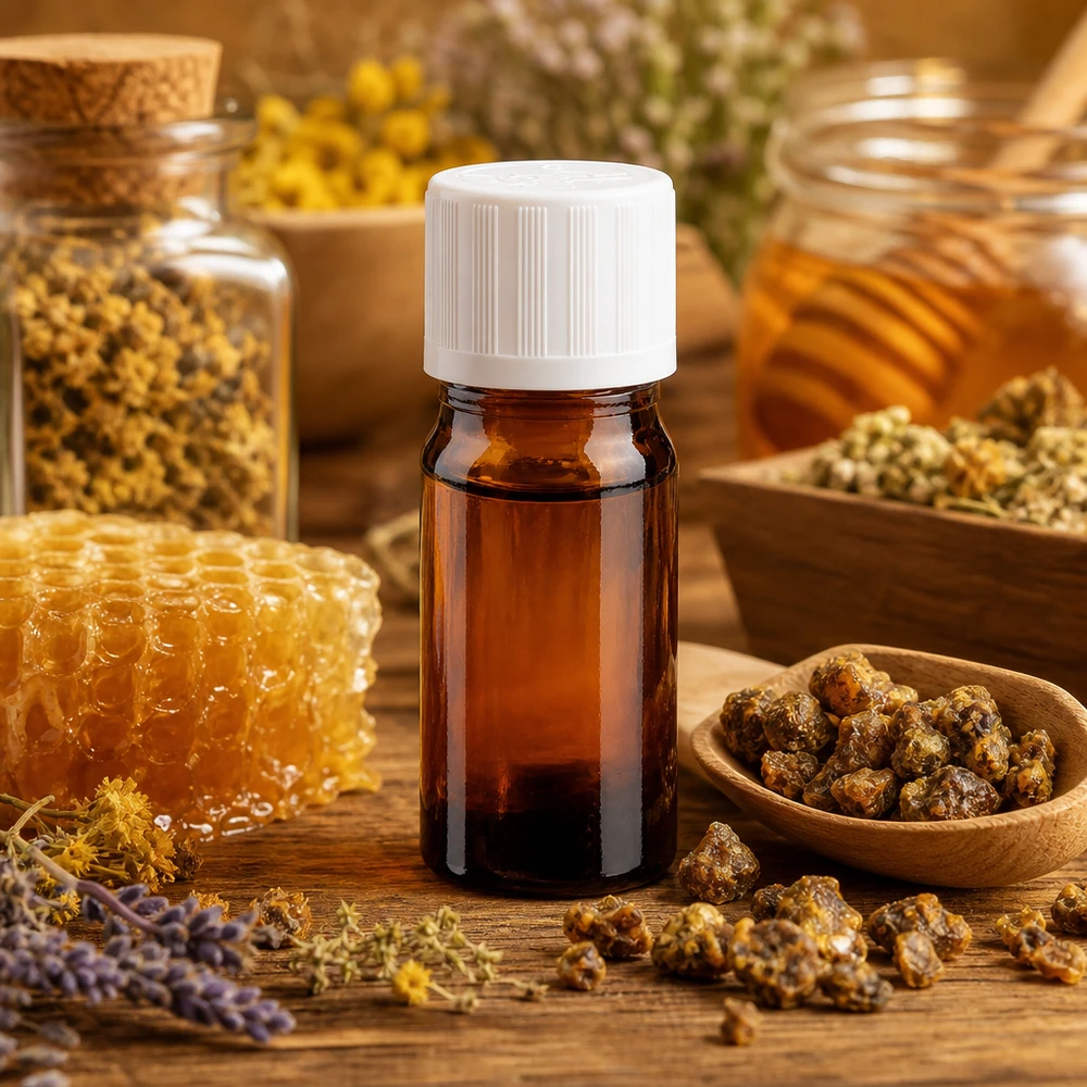 Hochwertige 5ml Apothekerflasche Braunglas weißer Schraubverschluss zwischen Kräutern und Honig