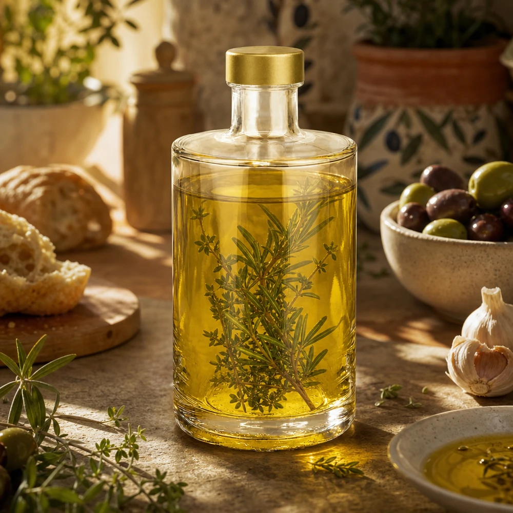 375ml Glasflasche Sam gefüllt mit Kräuteröl Rosmarin Thymian goldener UNiTWIST Verschluss mediterrane Küche Dekoration