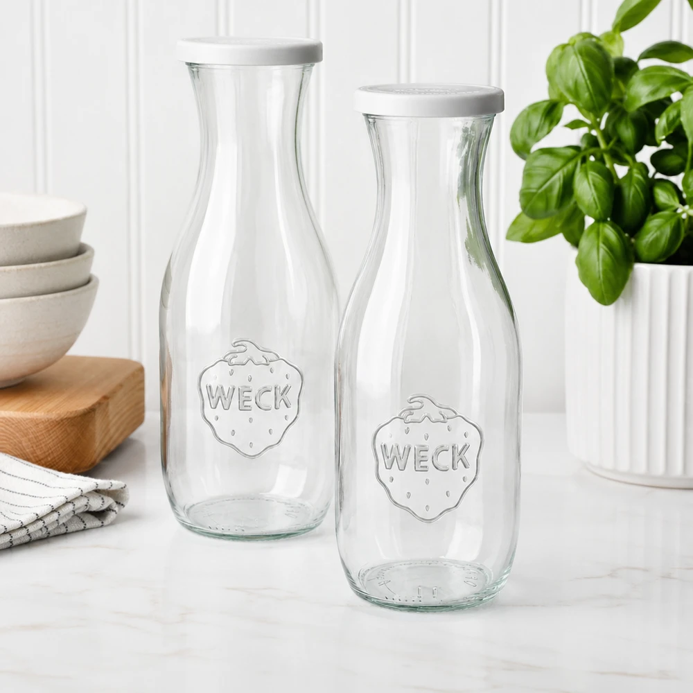 Zwei WECK Saftflaschen 1062ml mit weißen Deckeln in moderner Küche neben Schalen und Basilikum-Pflanze