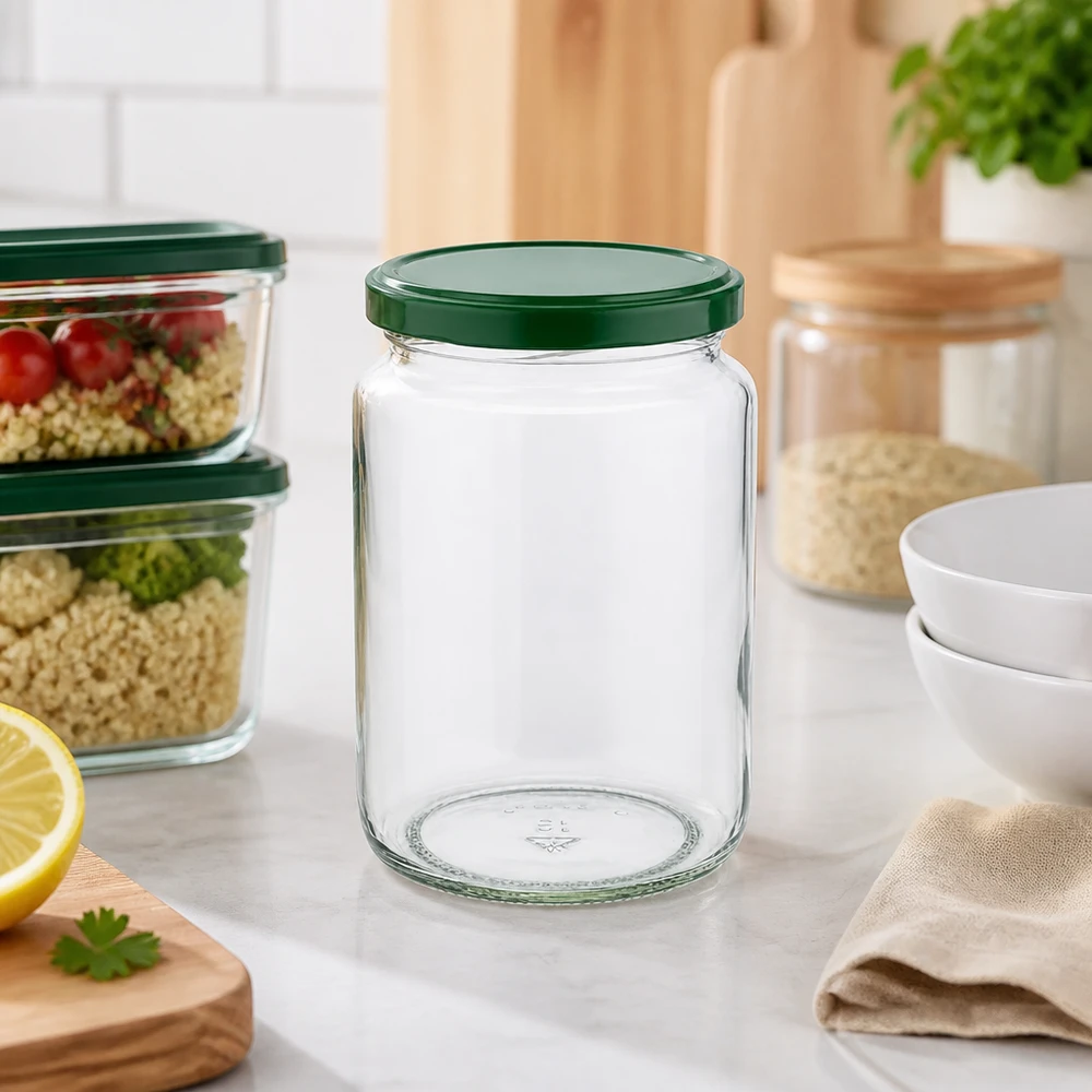 795ml Rundglas UNiTWIST leer mit grünem BasicSeal Deckel in moderner Küche neben Meal-Prep-Boxen und Vorratsgläsern