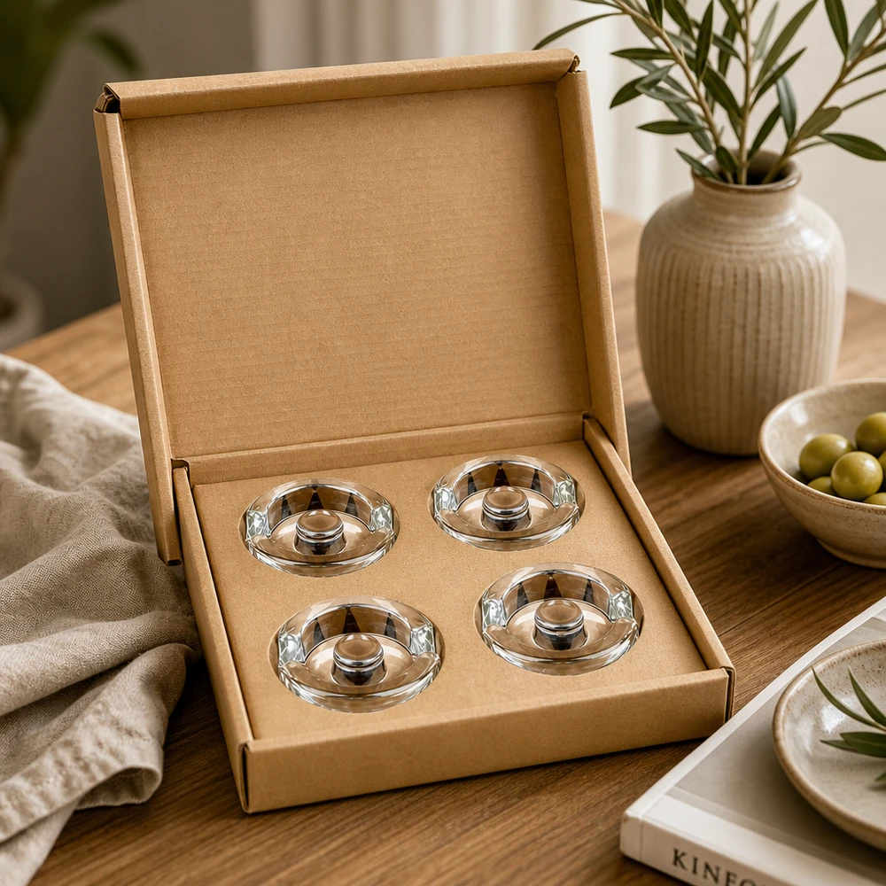 Zátěže na fermentační sklenice s rukojetí, sada 4 kusů UNiTWIST UNiTWIST Fermentier-Glasgewichte 4er Set in stilvoller Kartonbox auf Holztisch neben Olivenschale und Keramikvase