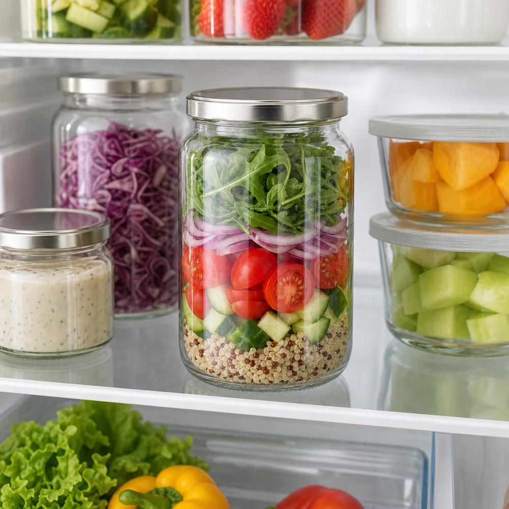 795ml kulatá zavařovací sklenice s víčkem BasicSeal stříbrná UNiTWIST. 795ml Rundglas mit silbernem BasicSeal Deckel als Meal Prep Behälter im Kühlschrank mit Schichtsalat gefüllt