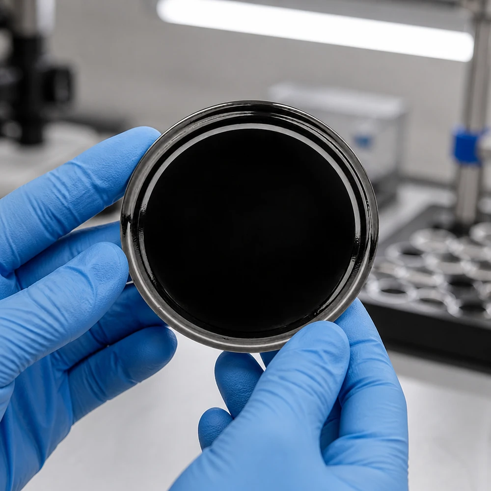 Laboratorní snímek černého víčka TO82 BasicSeal o průměru 82 mm typu UNiTWIST v rukou s modrými ochrannými rukavicemi