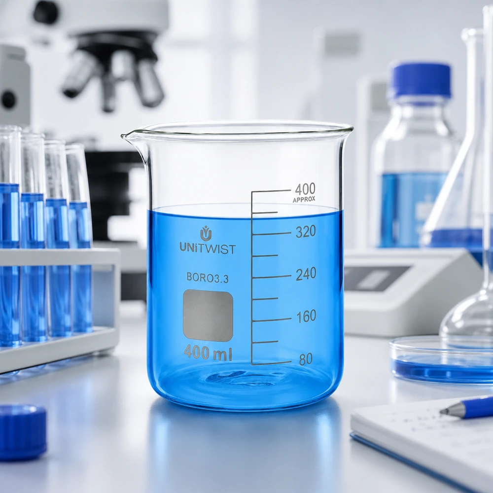 Niederes 400ml Becherglas aus hochwertigem Borosilikat mit Beschriftungsfeld und Skala