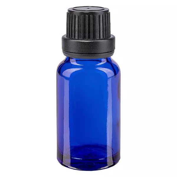 Lékárenská láhev modrá 10ml šroubovací uzávěr černá těsnicí vložka tamper evident uzávěr.