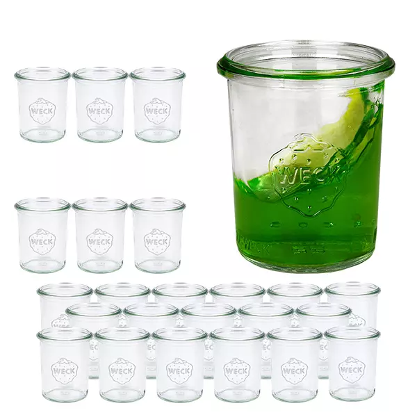 Sada 24 sklenic Weck o objemu 160 ml se skleněným víčkem. Sada 24 sklenic Weck o objemu 160 ml se skleněným víčkem.