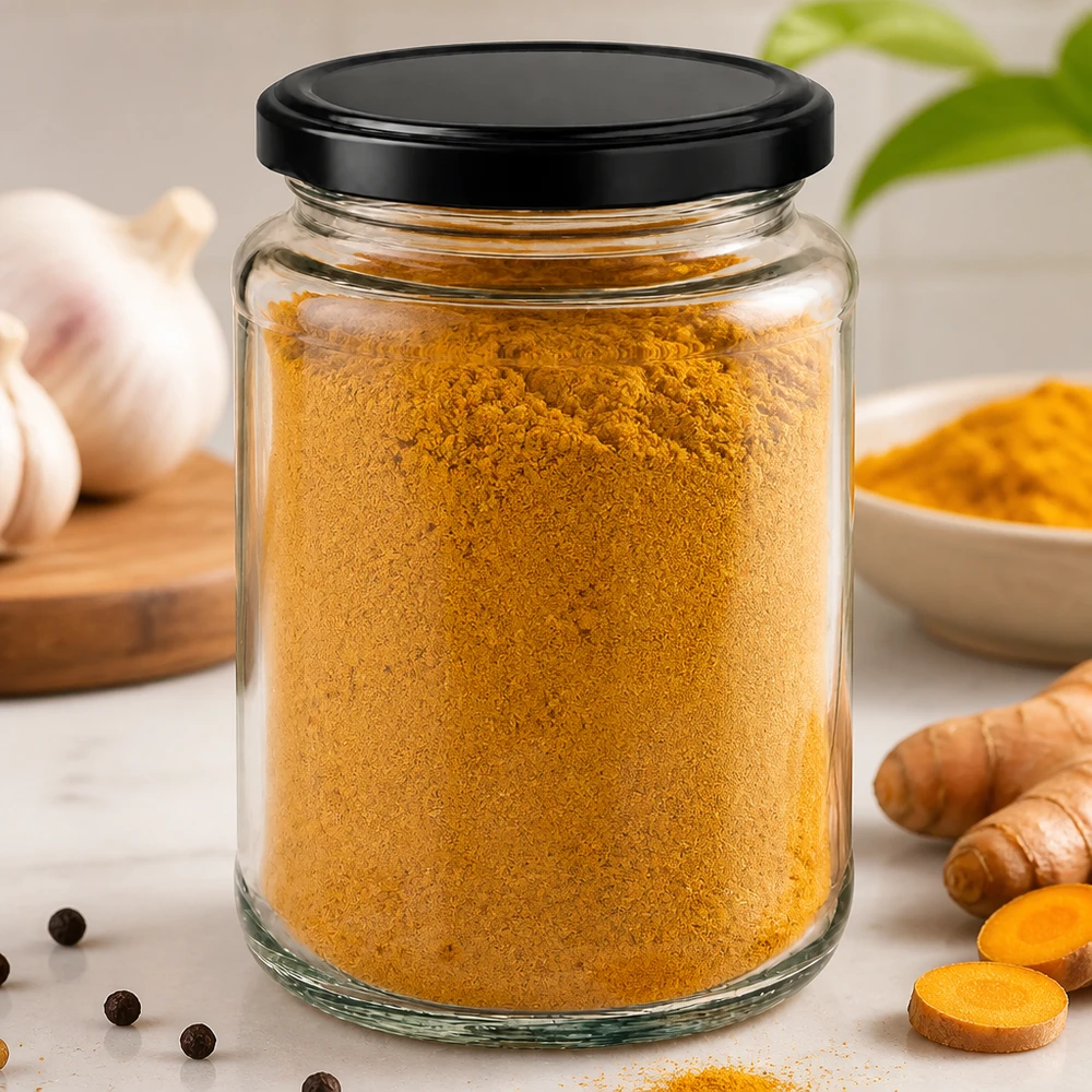 382ml kulatá sklenice s víčkem BasicSeal černá UNiTWIST 382ml Rundglas BasicSeal schwarz gefüllt mit Kurkuma Gewürzpulver zwischen frischen Kurkumawurzeln und Knoblauch