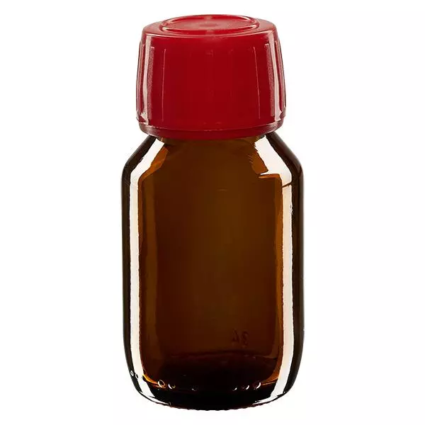 50ml lahvička na léky hnědá, červený uzávěr s pojistným kroužkem proti neoprávněné manipulaci ApoGlas